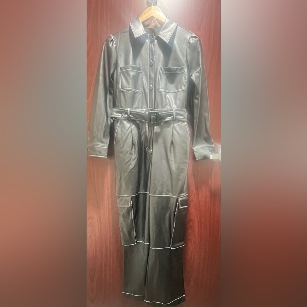 Miss Selfridge Black Faux Leather Jumpsuit size 6